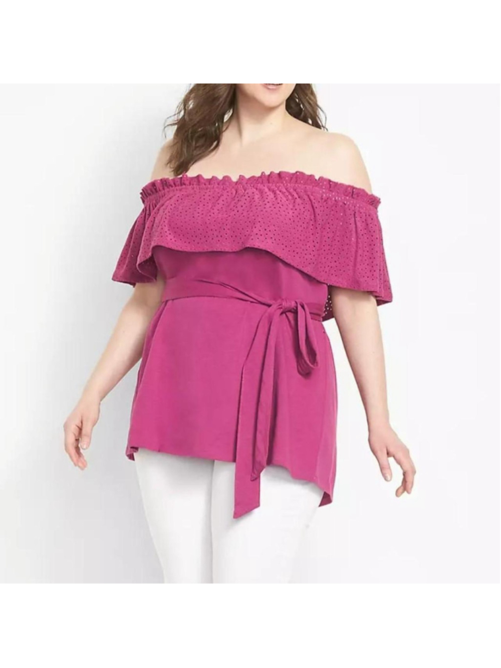 Lane Bryant Off the Shoulder Ruffled Tunic in Dark Fuchsia Size 26/28 Women's 4X